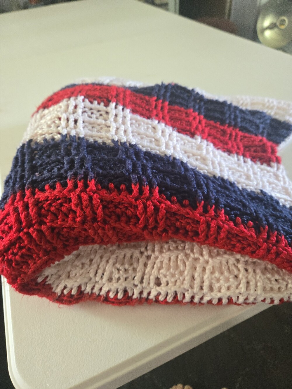 Handmade Striped Crochet BLANKET in Red, White & Navy